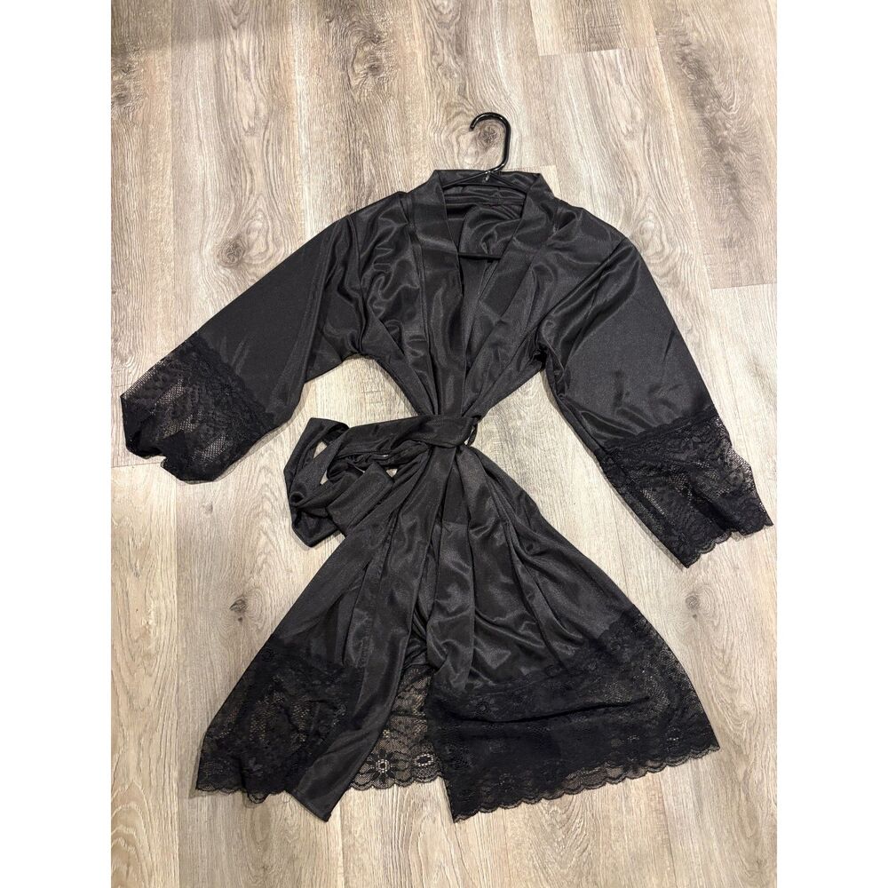Black Satin Robe with Lace Trim and Tie Belt NWT